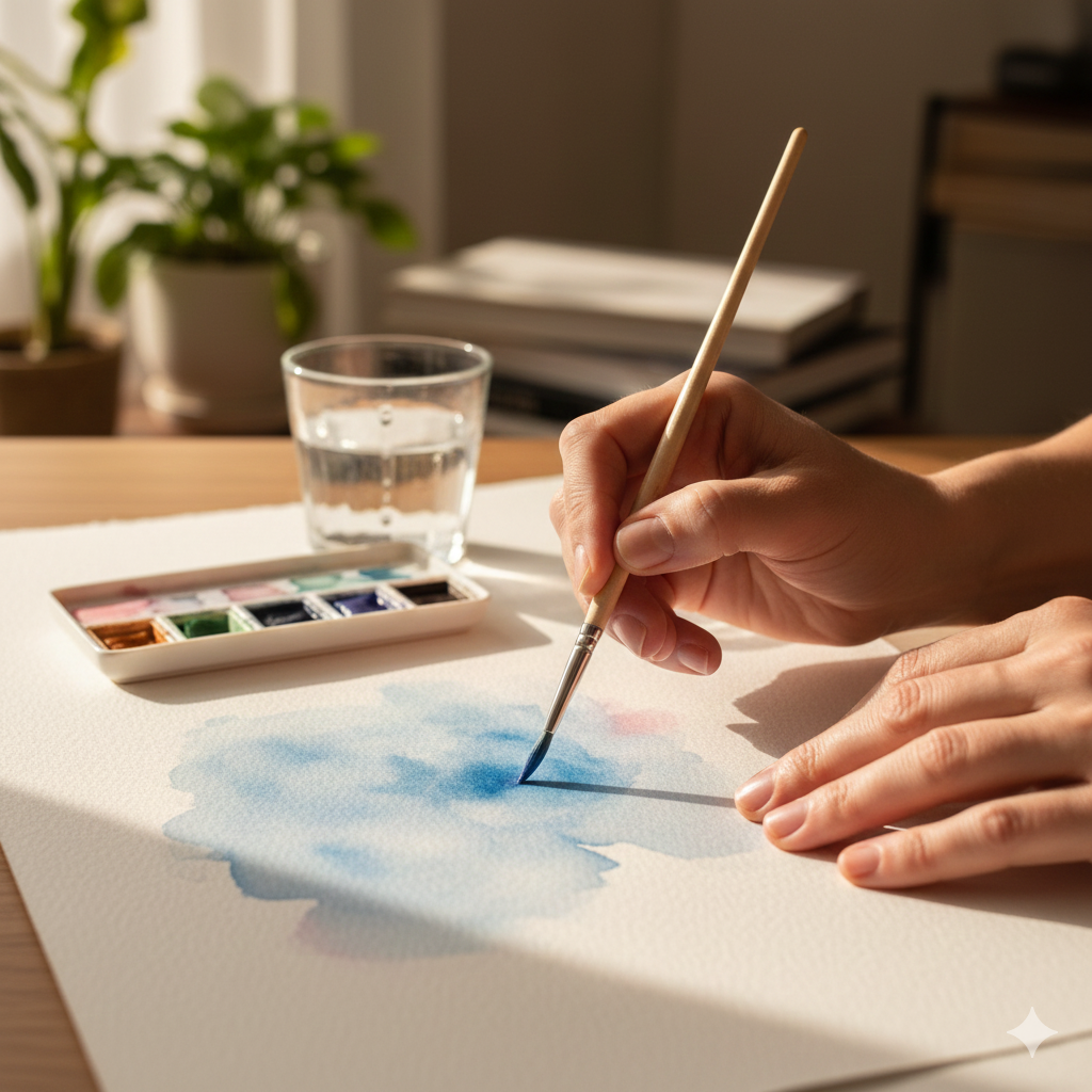 Mains peignant à l'aquarelle sur une table en bois, un verre d'eau et une petite palette à côté. L'image évoque la pleine conscience et la sérénité.