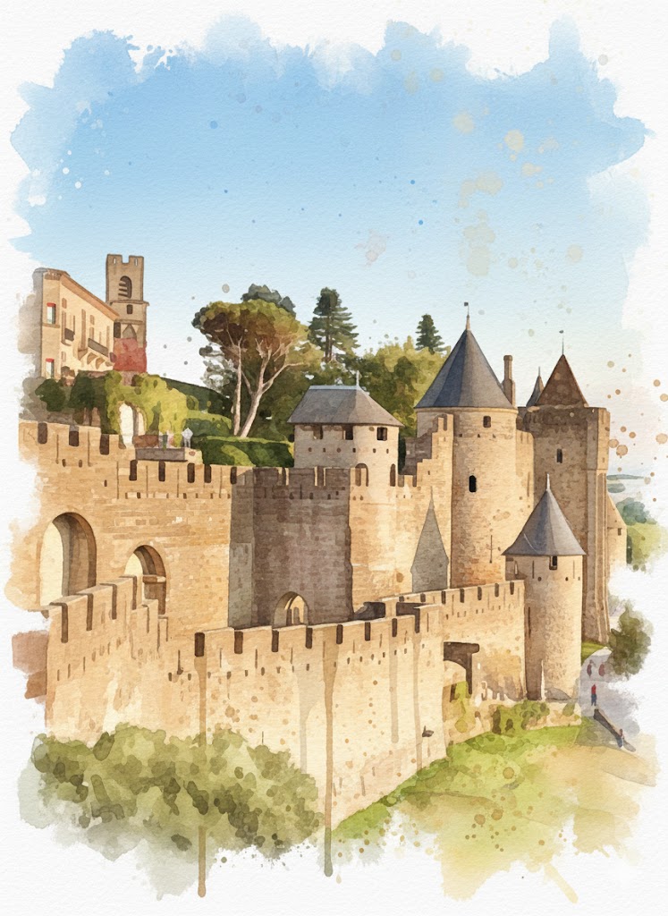 Aquarelle : Cité de Carcassonne, terroir de l'Aude. Céline, créatrice Cél'instant