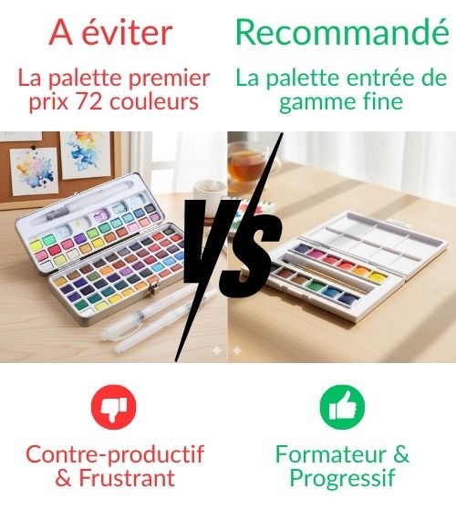 Comparaison de palettes : Une grande palette de 72 couleurs (à éviter pour le débutant) mise en contraste avec une palette compacte de 12 couleurs de qualité entrée de gamme fine (recommandée pour l'apprentissage des mélanges).